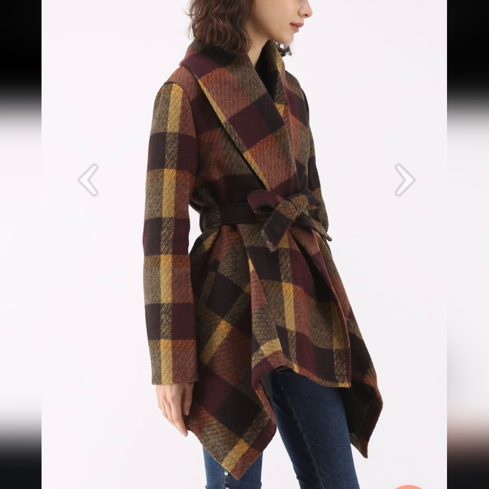 Chicwish Prairie Rabato Wrap Fall Coat Jacket Wool Burgundy/Mustard Yellow Plaid - Picture 9 of 14